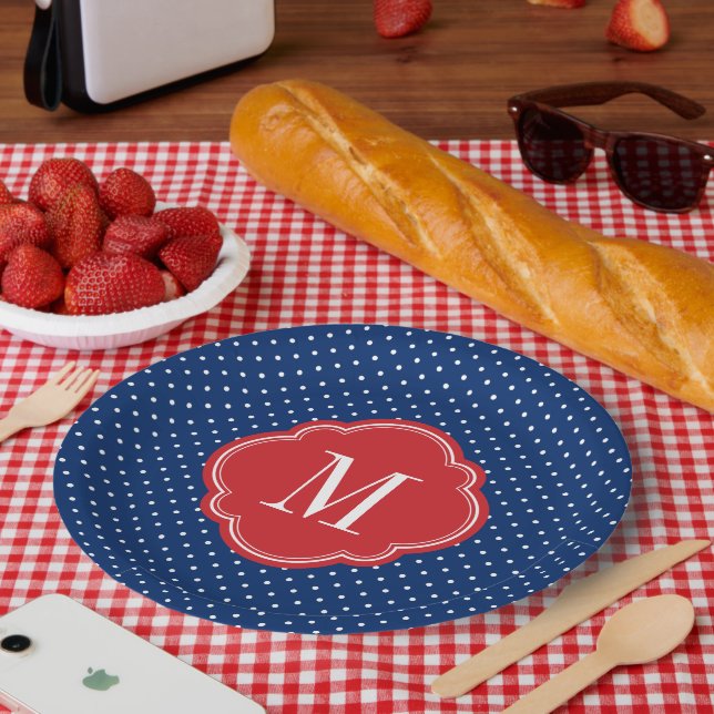 Monogramm rote weiße und blaue Polka-Punkte Pappteller (Picknick)