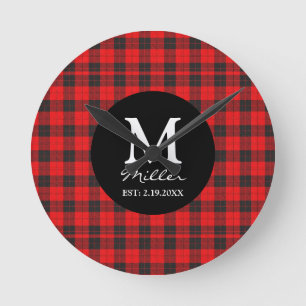 Monogramm Roter Buffalo-Karo-Uhr Runde Wanduhr