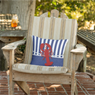 Monogramm - Roter Hummer auf blauem und weißem Str Kissen