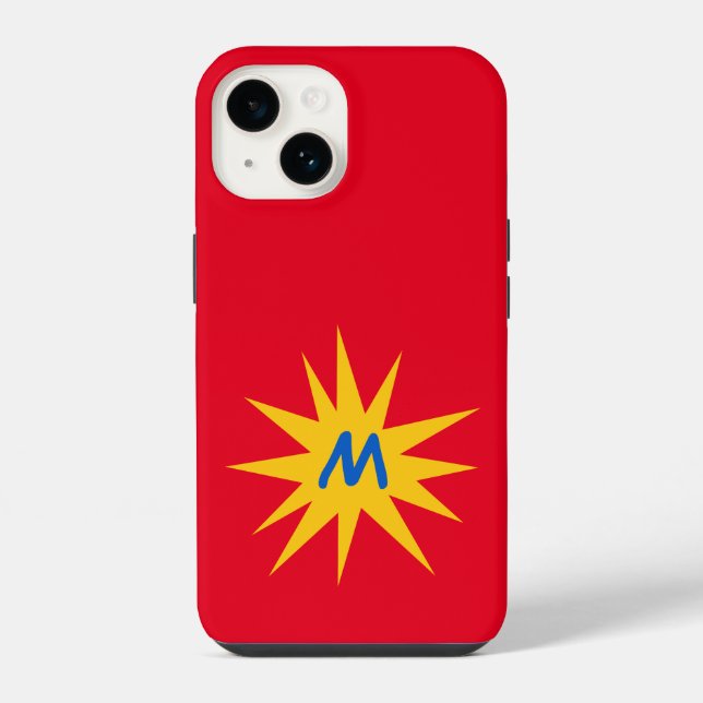 Monogramm roter Sternenexplosion iPhone 14 Hülle (Rückseite)