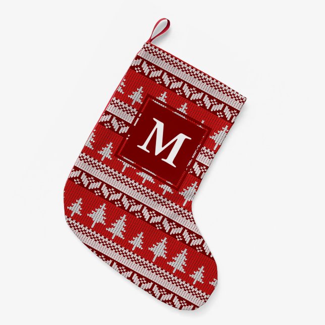 Monogramm Roter und Weißer Nordischer Alpenstreu Kleiner Weihnachtsstrumpf (Vorderansicht (hängend))