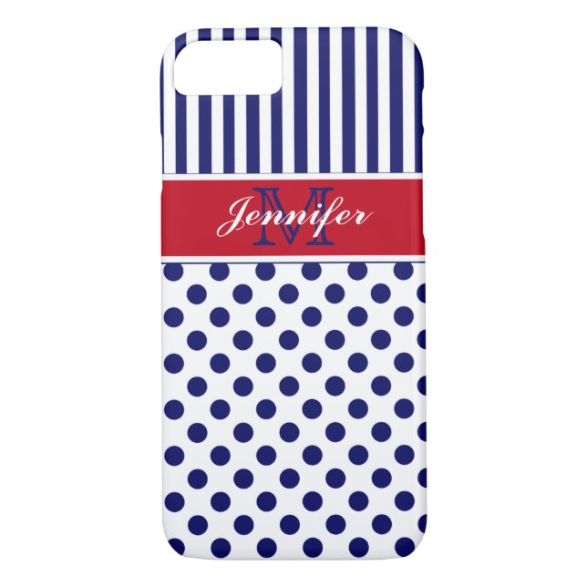 Monogramm-roter weißer blauer gestreifter Punkte Case-Mate iPhone Hülle (Rückseite)
