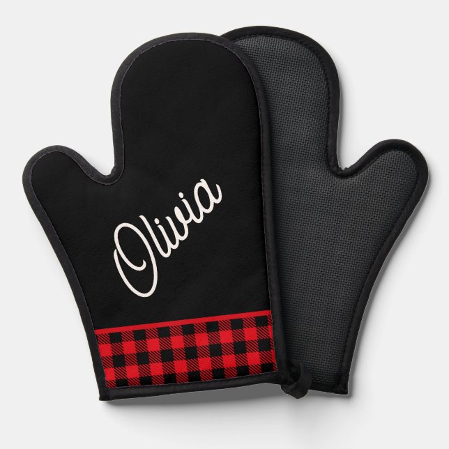 Monogramm, rotes Büffel kariert Ofenhandschuh (Vorderseite/Rückseite)