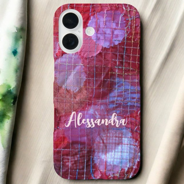 Monogramm rotes lila abstraktes Muster iPhone 16 Hülle (Von Creator hochgeladen)