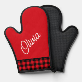 Monogramm, rotes schwarzes Büffel kariert Ofenhandschuh
