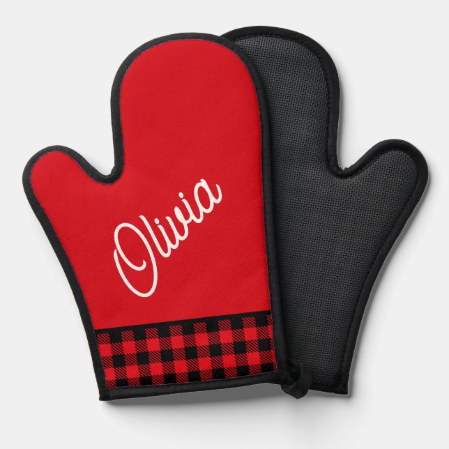 Monogramm, rotes schwarzes Büffel kariert Ofenhandschuh (Vorderseite/Rückseite)