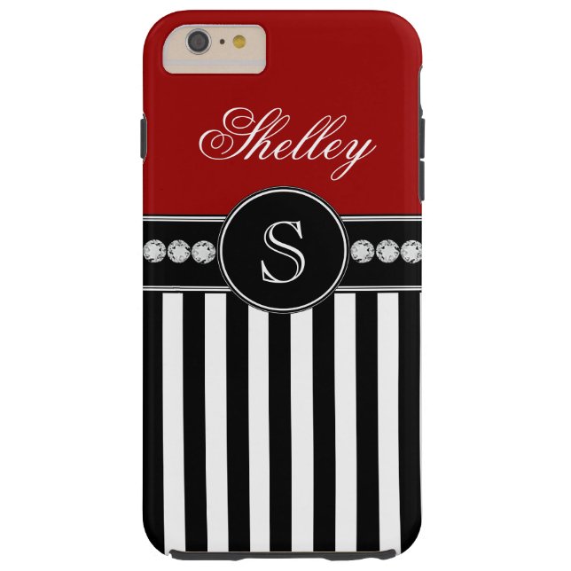 Monogramm-rotes schwarzes Streifen-Namensmuster Case-Mate iPhone Hülle (Rückseite)