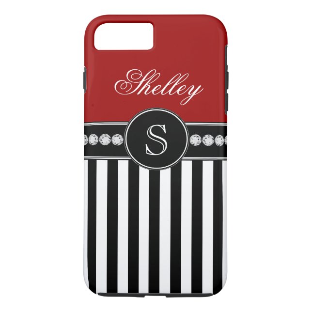 Monogramm-rotes schwarzes Streifen-Namensmuster Case-Mate iPhone Hülle (Rückseite)