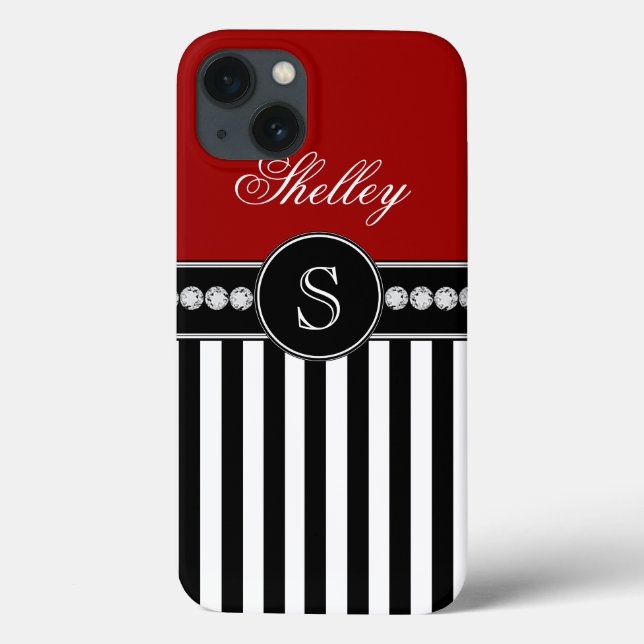 Monogramm-rotes schwarzes Streifen-Namensmuster Case-Mate iPhone Hülle (Rückseite)