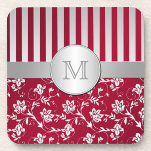 Monogramm Rotes Silber Streifen Set für floralen U Getränkeuntersetzer