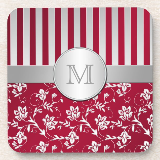 Monogramm Rotes Silber Streifen Set für floralen U Getränkeuntersetzer (Vorderseite)