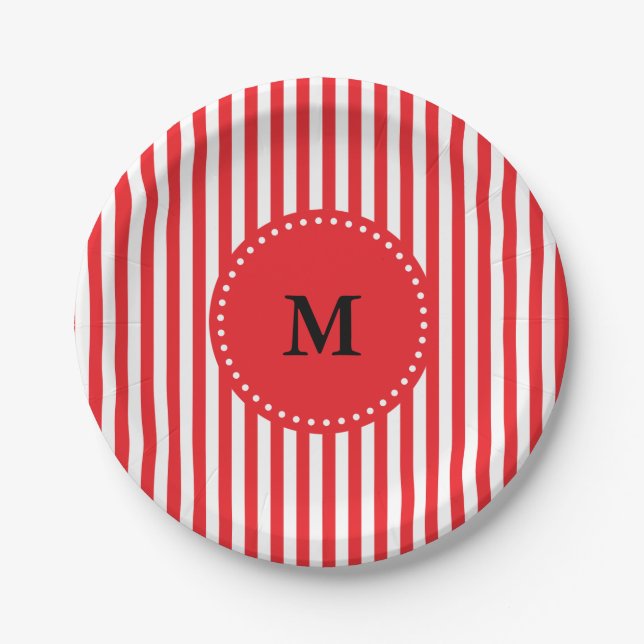 Monogramm-rotes und weißes Streifen-Muster Pappteller (Vorderseite)