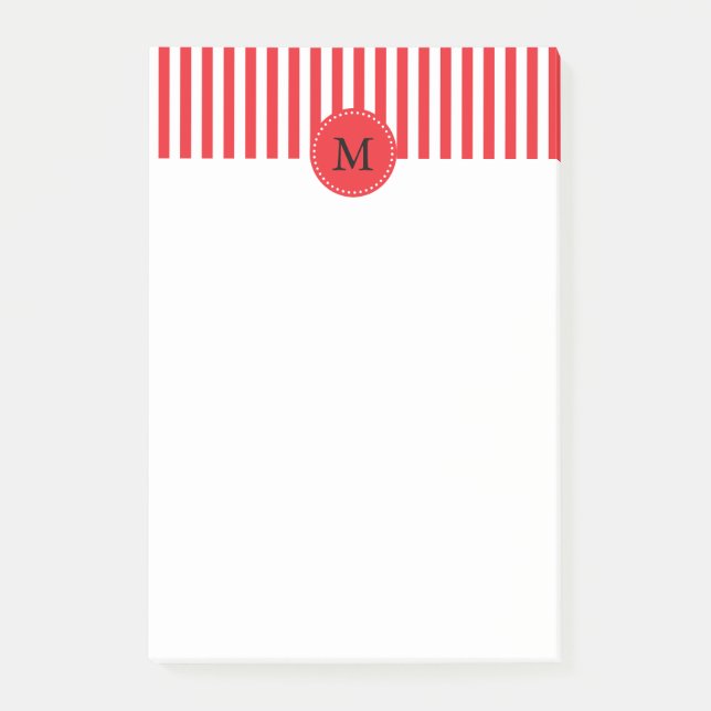 Monogramm-rotes und weißes Streifen-Muster Post-it Klebezettel (Vorderseite)
