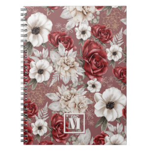 Monogramm Rotwein-Rose-Pink Blumenmuster Notizblock