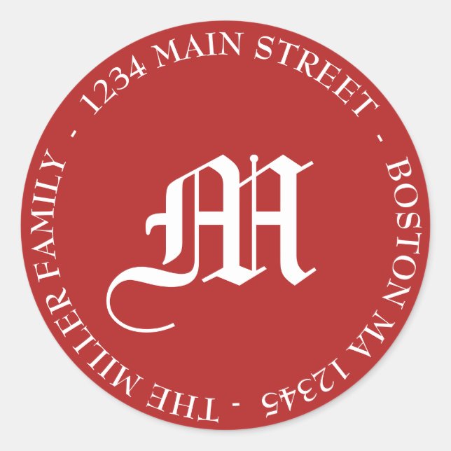 Monogramm-Rücksendeadresse für Rot und Weiß Runder Aufkleber (Vorderseite)