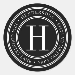 Monogramm-Rücksendeadresse in Schwarz und Weiß Runder Aufkleber