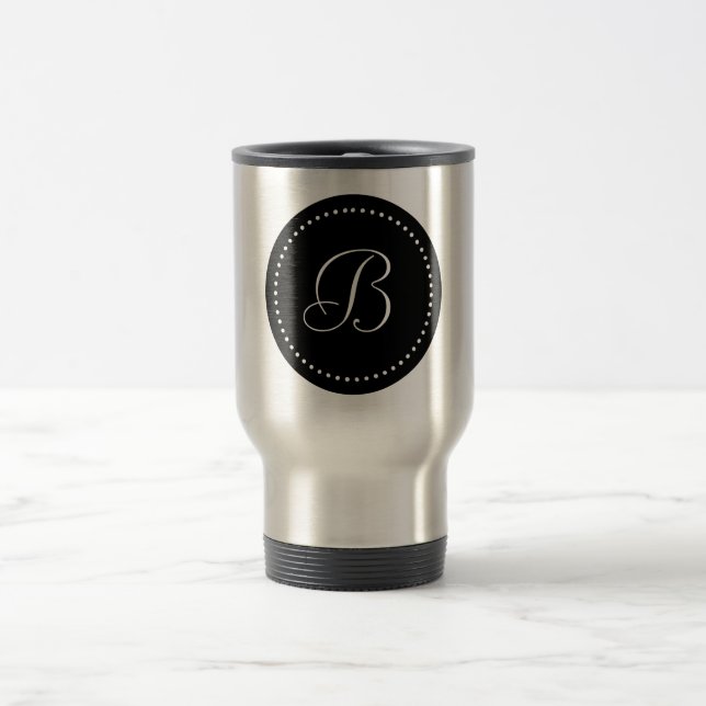 Monogramm rund schwarzer/weißer Punkt Reisebecher (Mittel)