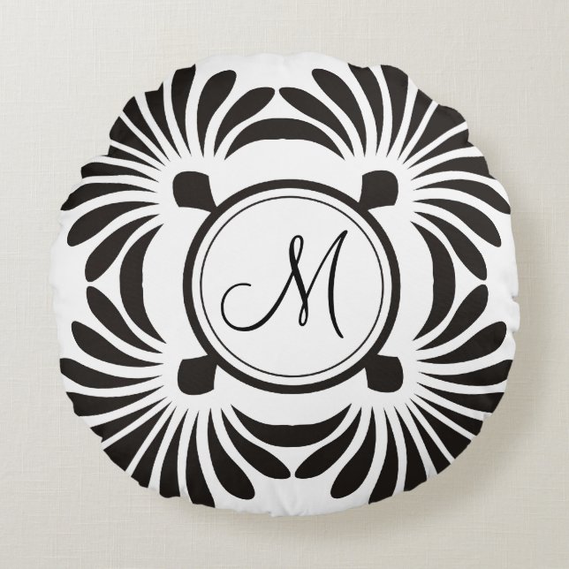 Monogramm-rundes Kissen-Schwarzes zuerstblumen Rundes Kissen (Vorderseite)