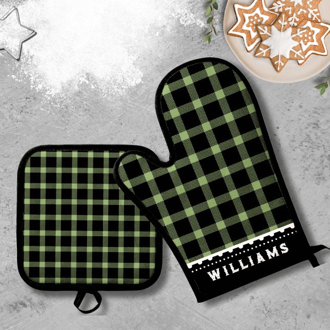 Monogramm Rustikal grün Kariert Ofenhandschuh & Topflappen-Set (Monogram Rustic Green Plaid Oven Mitt & Pot Holder Set)