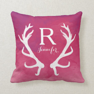 Monogramm rustikale Antler Aquarellfarbe Rosa Kissen