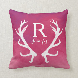 Monogramm rustikale Antler Aquarellfarbe Rosa Kissen