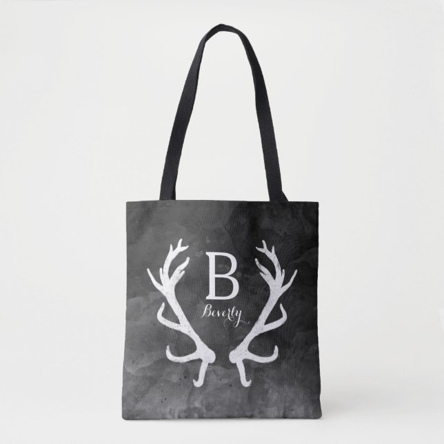 Monogramm-rustikale Rotwild-Geweihe auf schwarzem Tasche (Vorderseite)