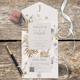 Monogramm rustikaler Wildblumen auf Creme QR-Code All In One Einladung