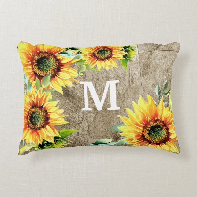 Monogramm rustikales Holz Gelb-Sonnenblumen Dekokissen (Vorderseite)