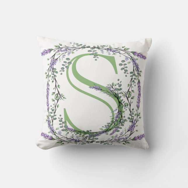 Monogramm S, Lavendel Eucalyptus Aquarellfärbung Kissen (Vorderseite)