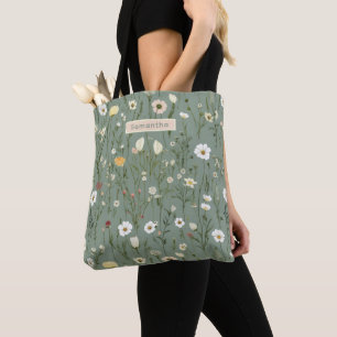 Monogramm Sage Grün Gelb Weiße Wildblumen Boho Tasche