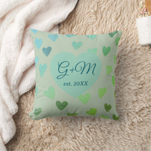 Monogramm Salbei-Blau-Retro-Boho Herz Muster Kissen
