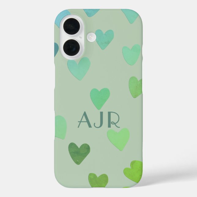 Monogramm Salbei-Grüne-Minze-Retro-Herz-Muster iPhone 16 Hülle (Rückseite)