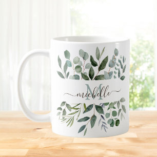 Monogramm Salbeigrün Eukalyptus Grünzeug Blätter Kaffeetasse