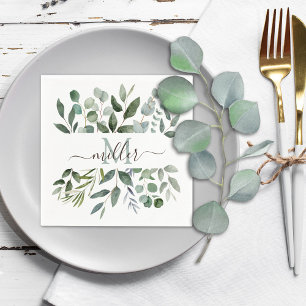 Monogramm Salbeigrün Eukalyptus Grünzeug Blätter Serviette