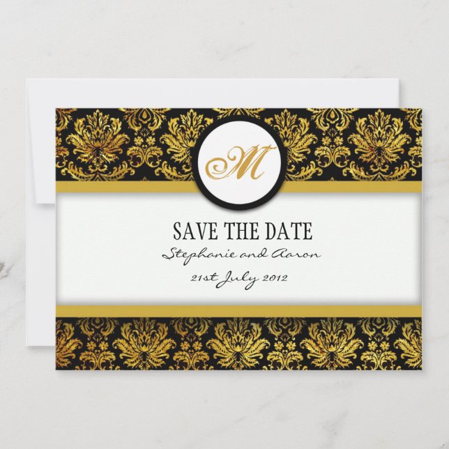 Monogramm-Save the Date-Karte für Schwarz-Gold-Dam Save The Date (Vorderseite)