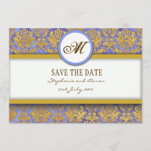 Monogramm-Save the Date-Karte mit Blue Damask und  Save The Date