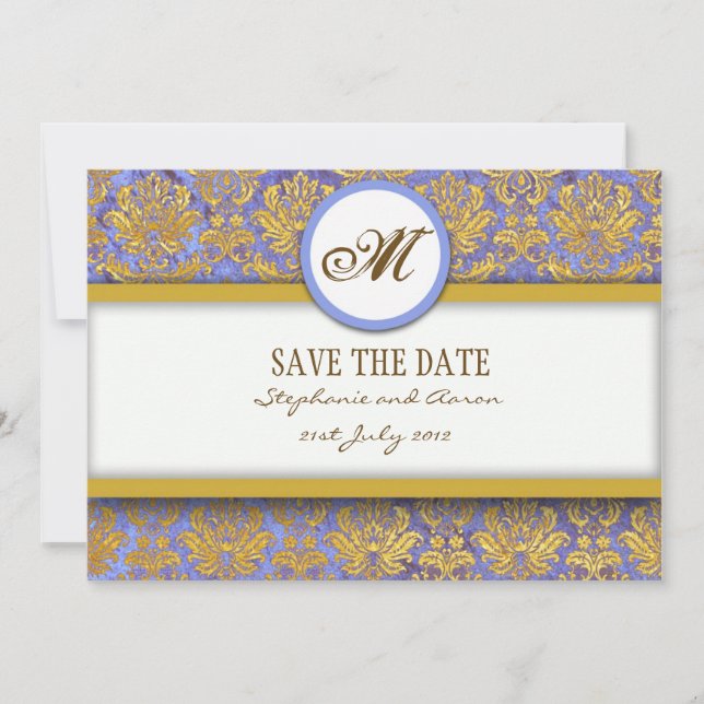Monogramm-Save the Date-Karte mit Blue Damask und  Save The Date (Vorderseite)