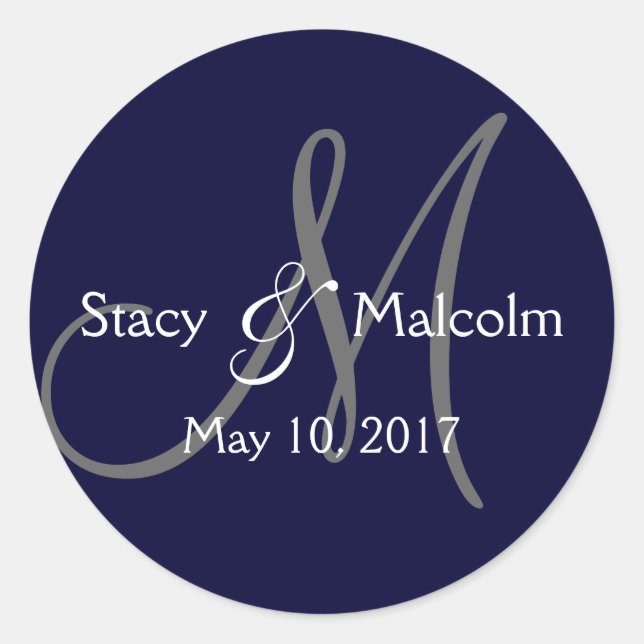 Monogramm-Save the Date | Navy Blue Runder Aufkleber (Vorderseite)