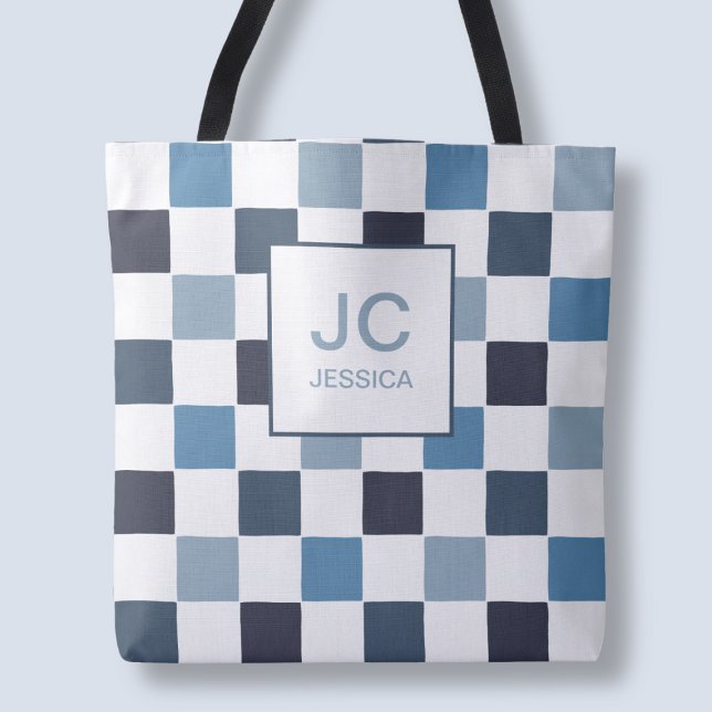Monogramm-Schachbrett-Blau Moderne einfache Initia Tasche (Monogram Checkered Blue Modern Simple Initals Chic Tote Bag)