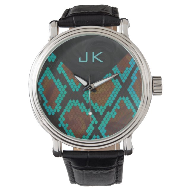 Monogramm Schlange braun und Aquamarin drucken Armbanduhr (Vorderseite)