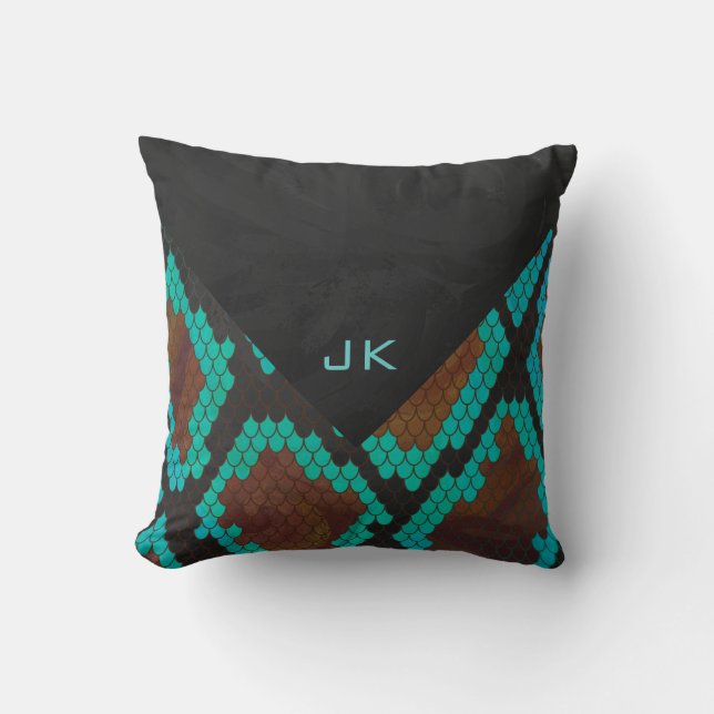 Monogramm Schlange braun und Aquamarin drucken Kissen (Vorderseite)