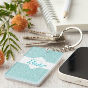 Monogramm-Schlüsselanhänger für aquamarine Glitzer Schlüsselanhänger