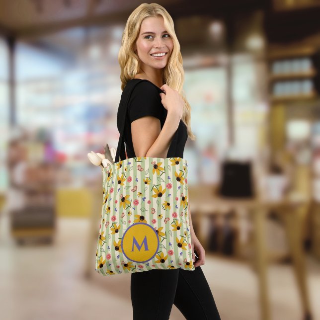 Monogramm-Schmalzblume-Schmetterling-Blumenmuster Tasche (Monogram Coneflower Butterfly Floral Patterned Tote Bag)