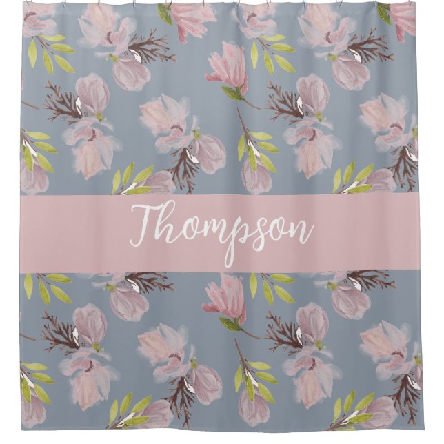 Monogramm schmückende Farben blumenblau und rosa Duschvorhang (Vorderseite)