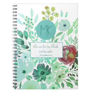 Monogramm-Schrift Aqua-Grün-Aquarell-Blumenmuster Notizblock