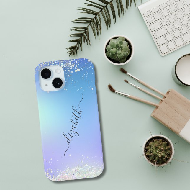 Monogramm-Schrift Blau Lila Glitter Trendig Case-Mate iPhone Hülle (Blue Purple White Glitter Monogrammed Name Script iPhone Case)