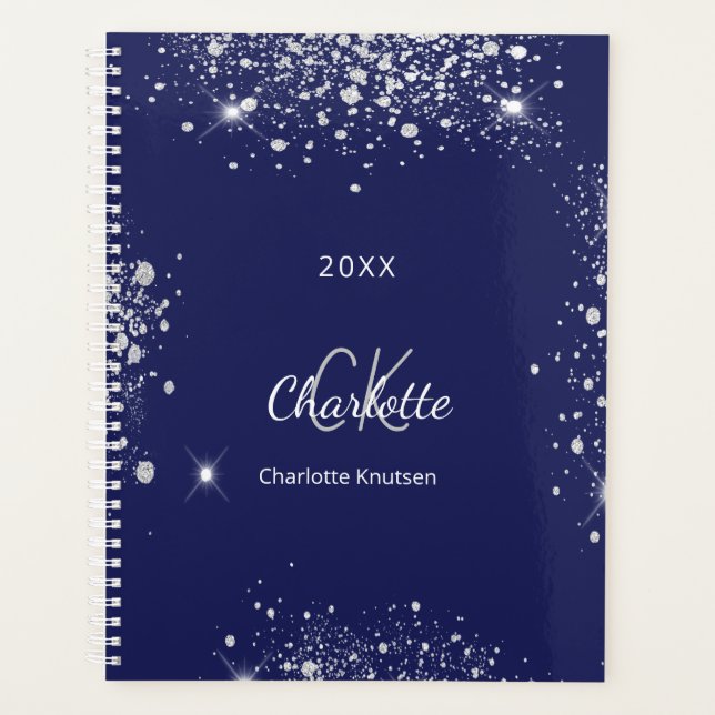 Monogramm-Schrift für Navy-Blue-Glitzer Planer (Vorderseite)