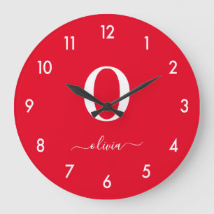 Monogramm Schrift Name Personalisiert Rot und Weiß Große Wanduhr