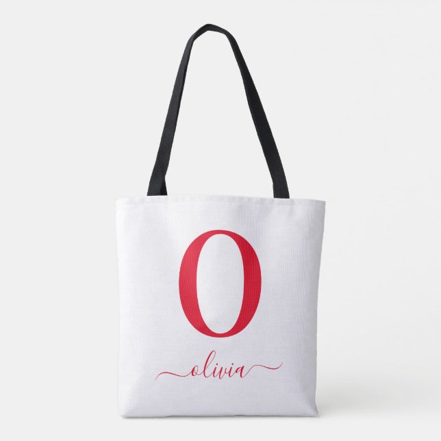 Monogramm Schrift Name Personalisiert Weiß und Rot Tasche (Rückseite)