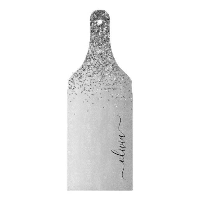 Monogramm Schrift Silber Schwarz Glitter Mädchen N Schneidebrett (Vorderseite)